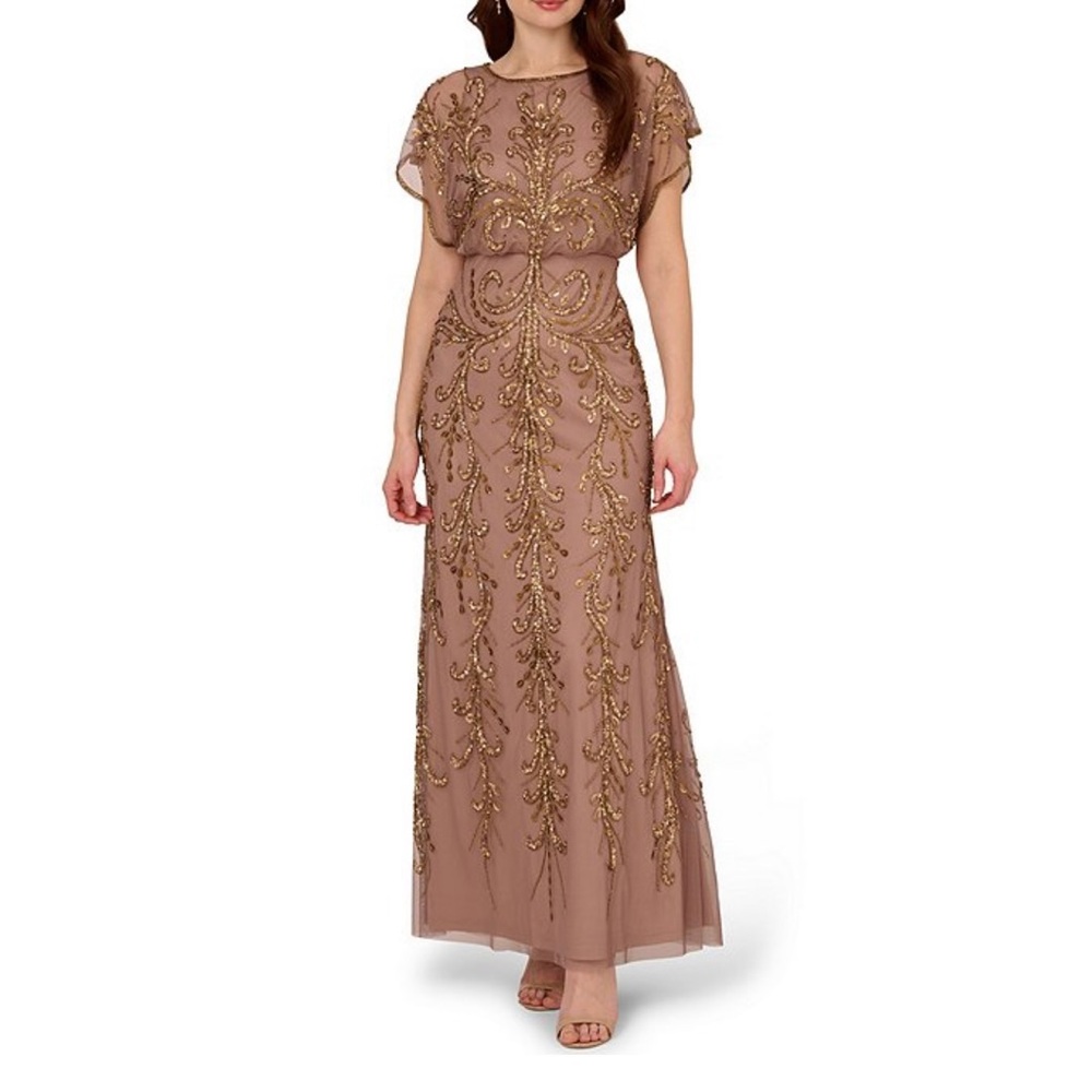 NWT - Adrianna Papell Beaded Blouson Mesh Boat Neck Flutter Sleeve Blouson Gown